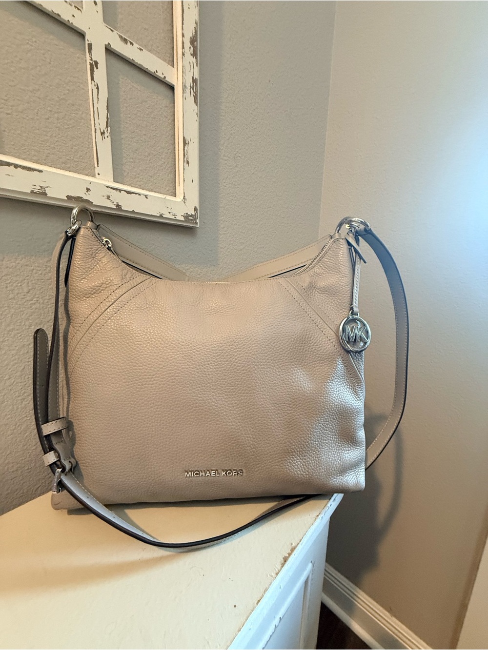 Michael Kors Light Grey Pebbled Leather Shoulder Bag